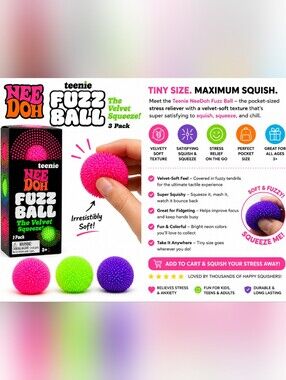 NeeDoh Teenie Fuzz Ball 3 Pack Sensory Fidget Toy Velvet Squish Stress Relief